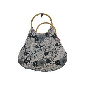Pink/ Black And White Floral Reversible Purse With Bamboo Handles Slight Stains